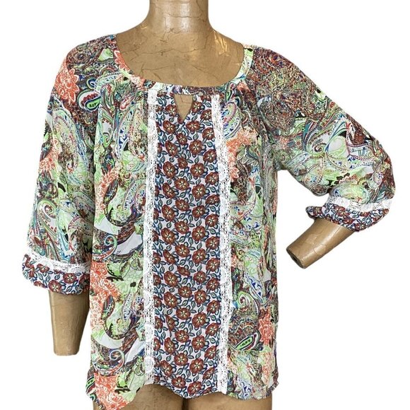 Anthropologie Fig & Flower Peasant Blouse Sheer Lace Accent Sz PL #303E - Picture 1 of 6